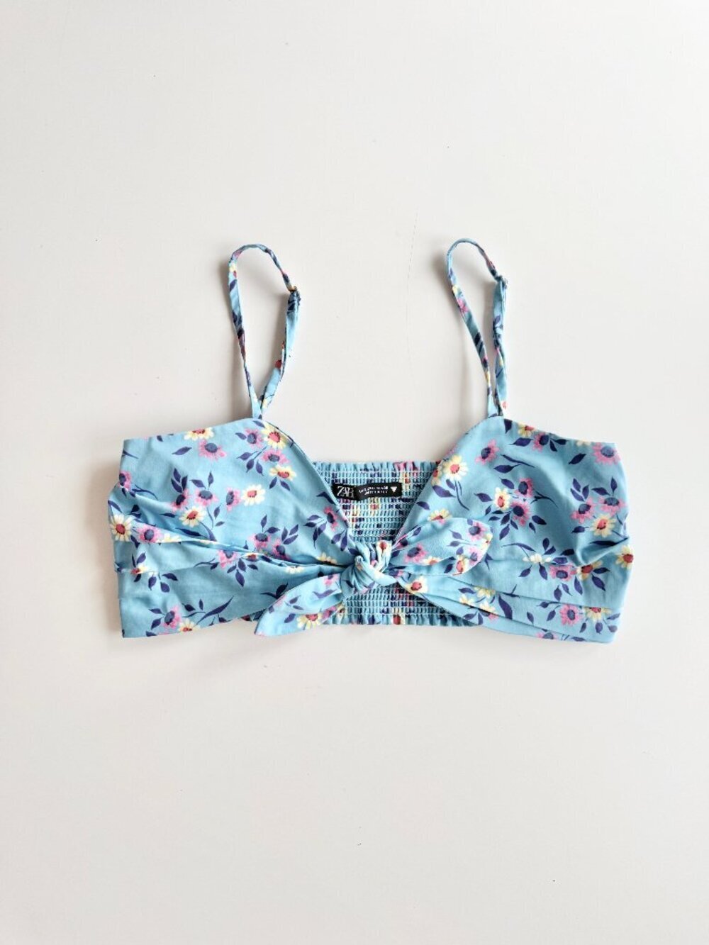 ZARA Blue Floral Cotton Sateen Tie Front Cropped Tank Top, Size S